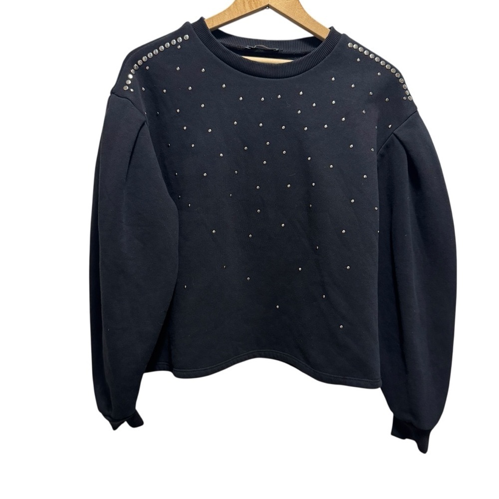 Zara Black Puff Sleeves Studded Fleece Sweater Size Medium
